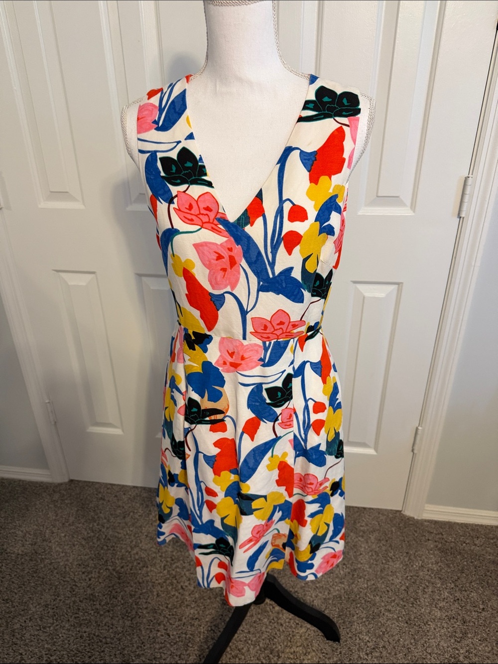 J. Crew White Floral V-Neck Sleeveless Dress with Blue, Pink & Yellow Print